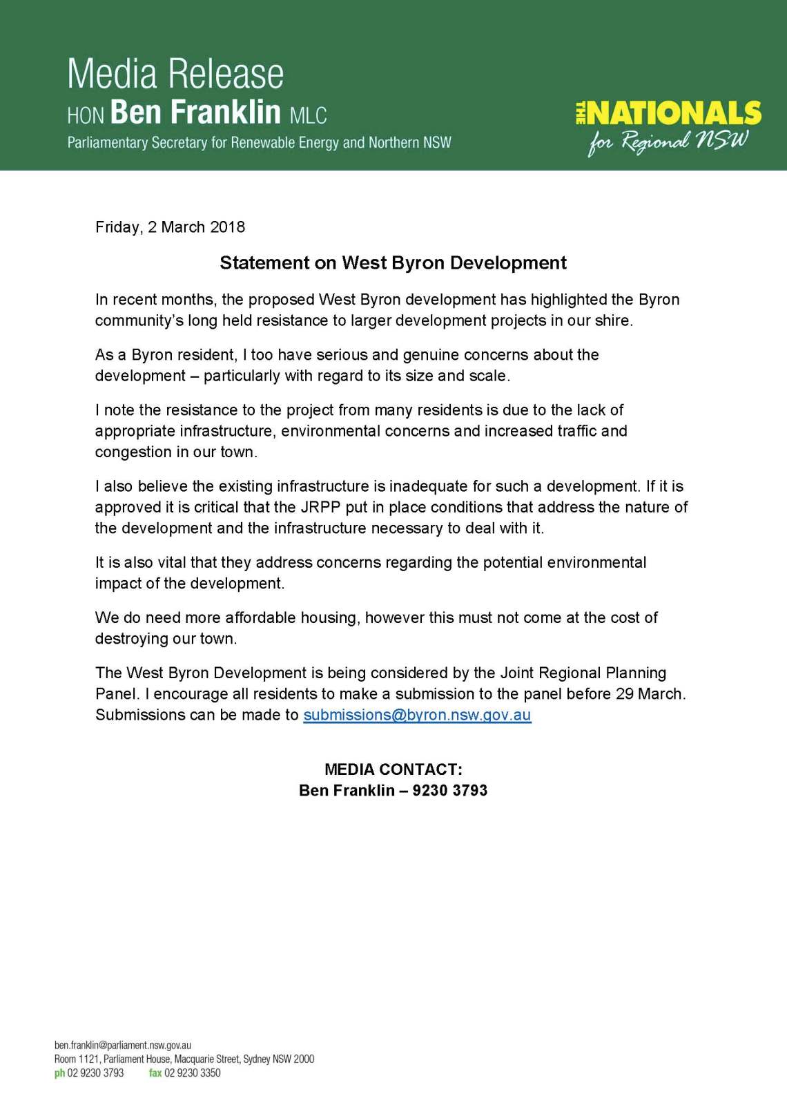 Ben Franklin MEDIA STATEMENT - West Byron Development
